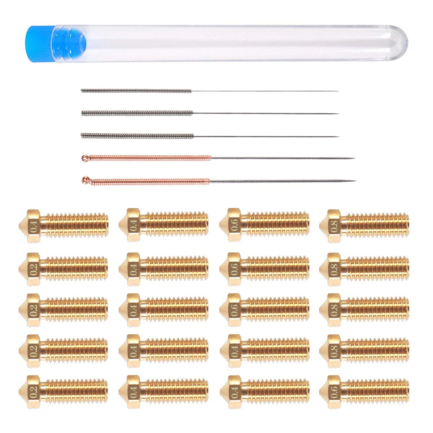 20 шт. набор сопел V6 Volcano из латуни 0.2мм 0.4мм 0.6мм 0.8мм дополнительные сопла экструдера 1.75мм филамента с иглами для чистки