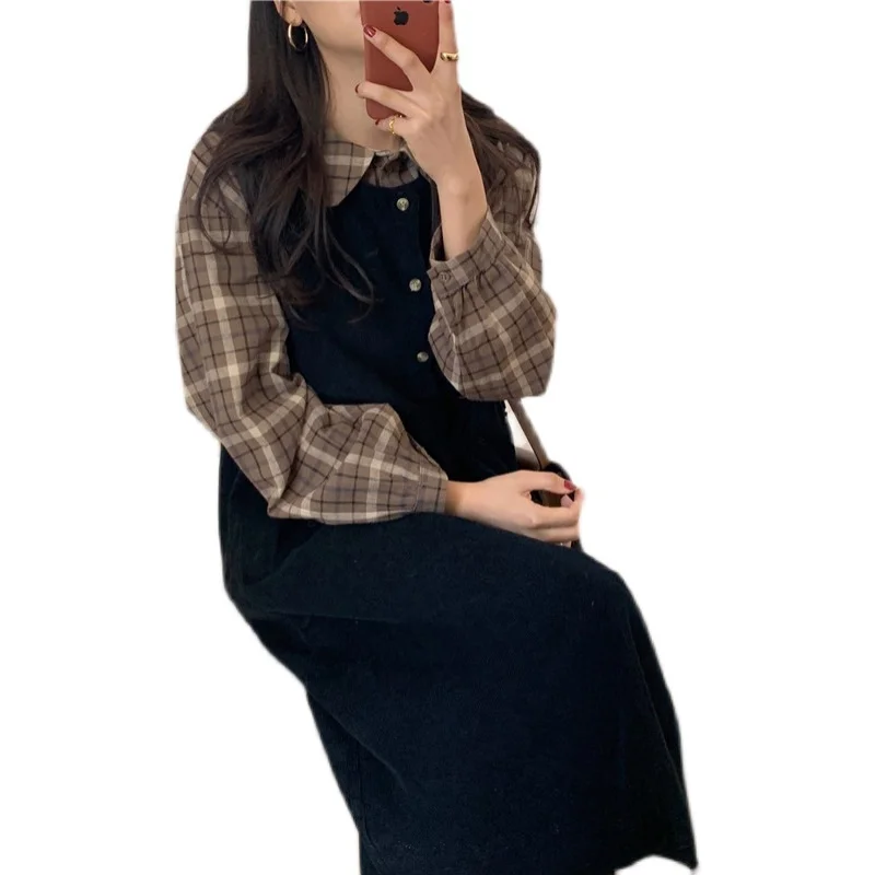 

Korean Chic Younger College Style Corduroy Mid-Length Vest Skirt Simple Solid Color Loose Strap Dress for Women