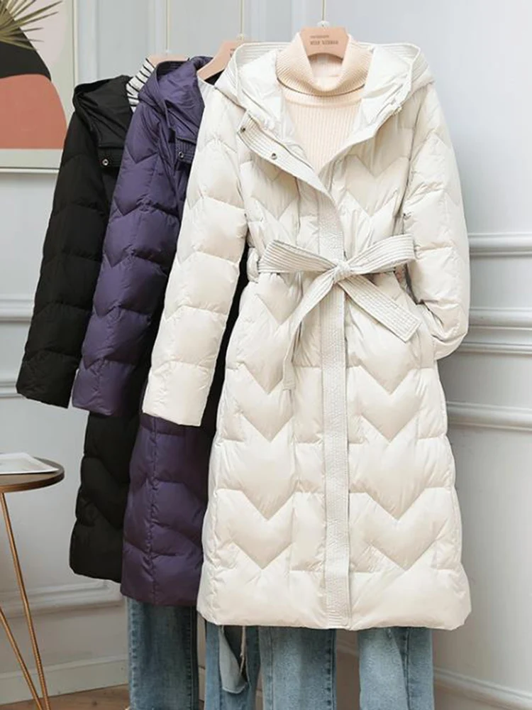 SEDUTMO Winter Long Duck Down Jackets Women Ultra Light Thin Quilted Coat With Belt  Autumn Tnuic Slim Hooded Parkas ED1791