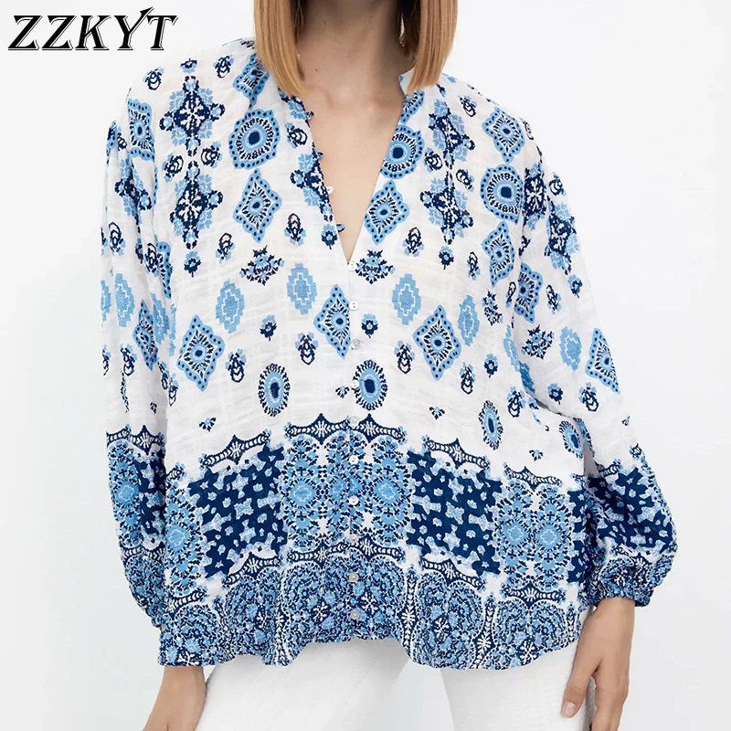 

Блузка ZZKYT женская с принтом, модная однобортная офисная рубашка в винтажном стиле, с V-образным вырезом и длинным рукавом, шикарный топ, весн...