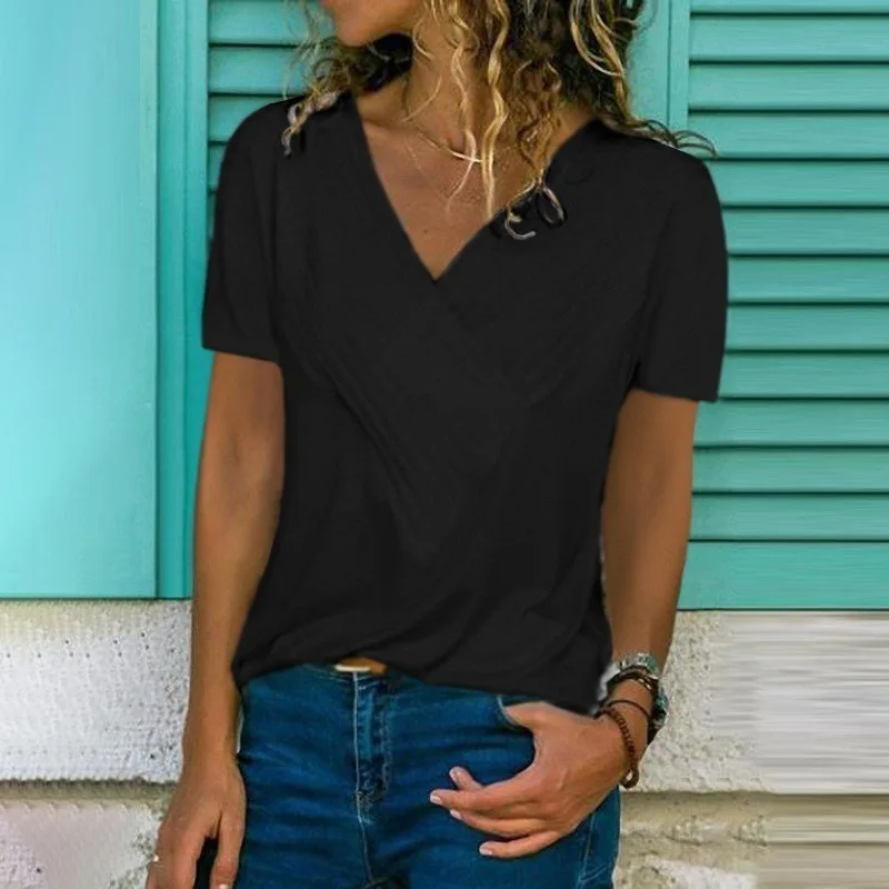 

European and American ladies summer slim stitching V-neck short-sleeved solid color T-shirt top
