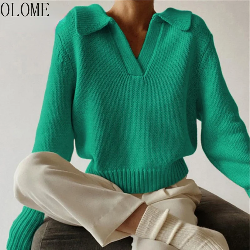 

Casual Pullovers Women's Sweater Fashion Woman Autumn Winter Woman 2022 Pullover Clothing V-neck Green Long Sleeved Knitted