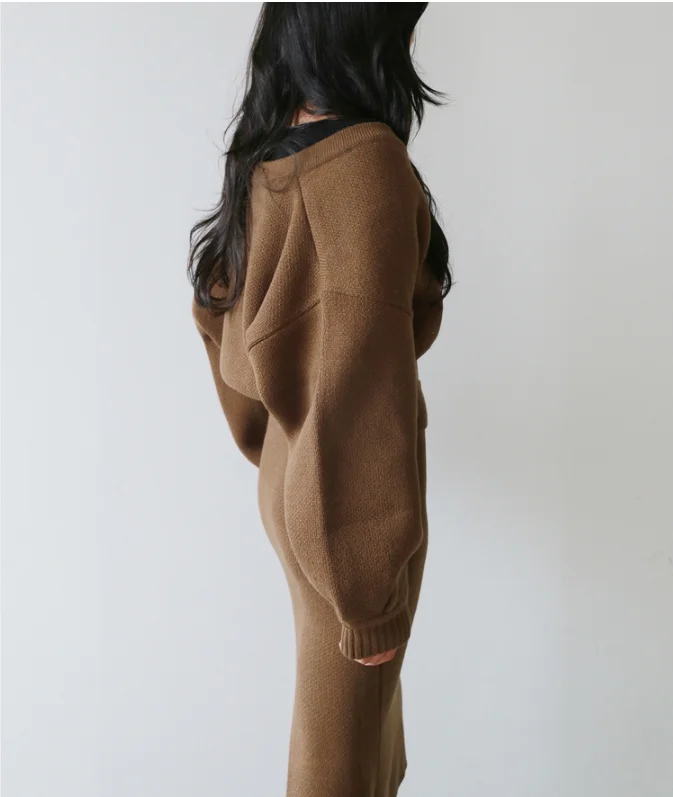 Two Pieces Loose warm winter Women Sweaters Skirts Solid puff Sleeve Female Woman Knitted girls Sweater Tops Mi-long Skirt |