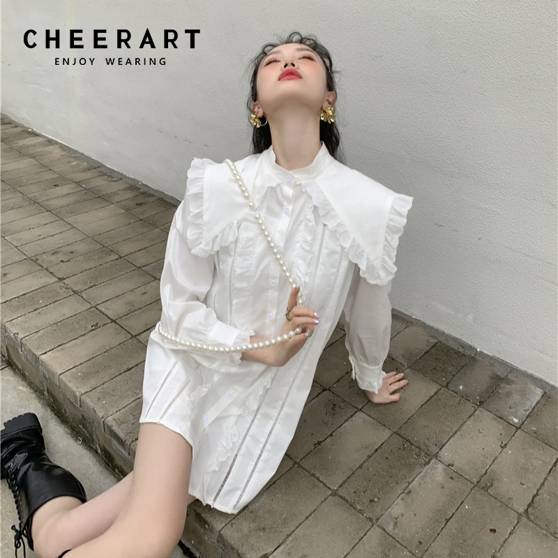 

Белое милое мини-платье CHEERART на пуговицах, корейская мода, воротник-стойка, оборки, длинный рукав, осеннее платье, женская одежда