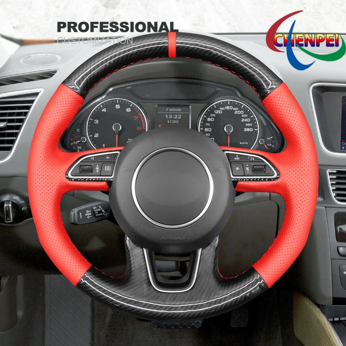 

DIY Hand-Sewn Carbon Fiber Red Leather Car Steering Wheel Cover For Audi Q3 Q5 Q7 2012-2017 Car Interior Accessories