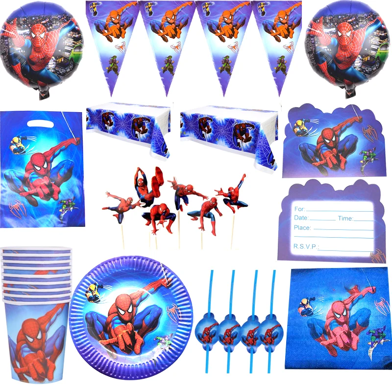 

109pcs/lot Spiderman Theme Straws Tablecloth Napkins Birthday Party Flags Plates Cups Decorate Cupcake Toppers Foil Balloons