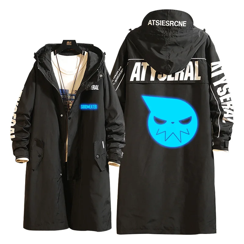 

Trench Casual Noctilucent Hoodie Print Unisex Jacket Wind Long Coat Hooded Zipper Overcoat Cosplay Soul Eater Role MAKA ALBARN