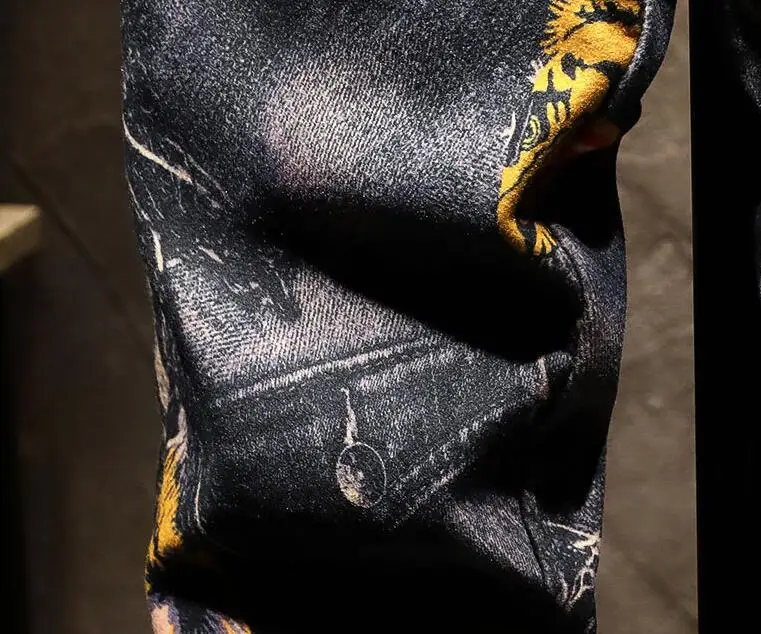 New European printing pants men's jeans American style digital slim-fit flower trousers lace-up closure stretch casual trousers