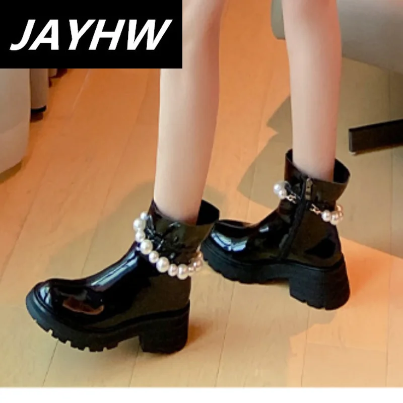 

Новинка 2021, модные ботинки в британском стиле с жемчугом, модные ботинки Мэри в стиле ретро, сапоги в японском стиле на высоком каблуке, женс...