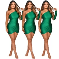 2022 spring new green bodycon mini dress one shoulder fashion screw collar reflective cloth sexy party club dress wholesale