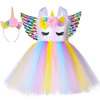 rainbow unicorn costume girls princess dress up clothes summer tutu dresses with flowers kids girl unicorn birthday party gifts