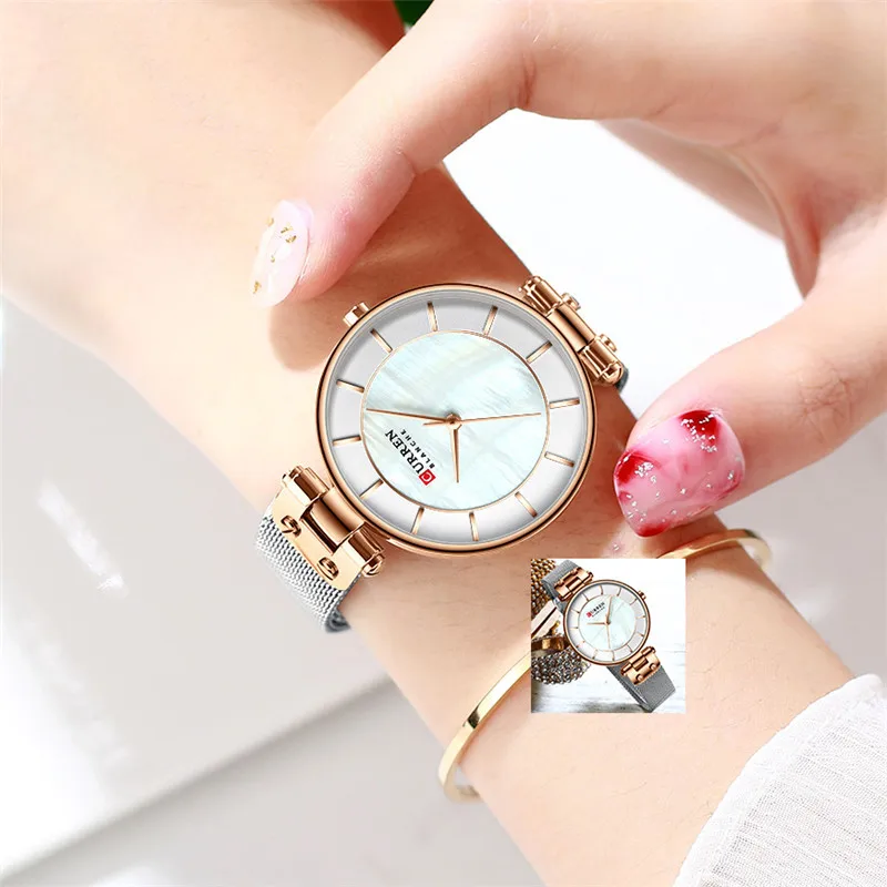 Часы CURREN женские водонепроницаемые брендовые Роскошные Серебристые Модные