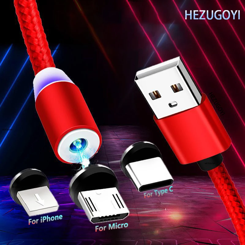 Magnetic Cable For iPhone 11 Samsung Android Magnet Charger Micro USB Type C Cable Nylon Braid LED Lighting Mobile Phone Cord 1M