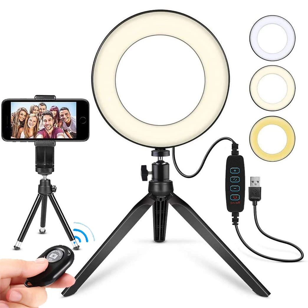 

Selfie 6" Fill Ring Light Photography Ringlight Lamp LED Dimmable Tripod Stand Phone Holder Makeup Live Vlog Streaming YouTube