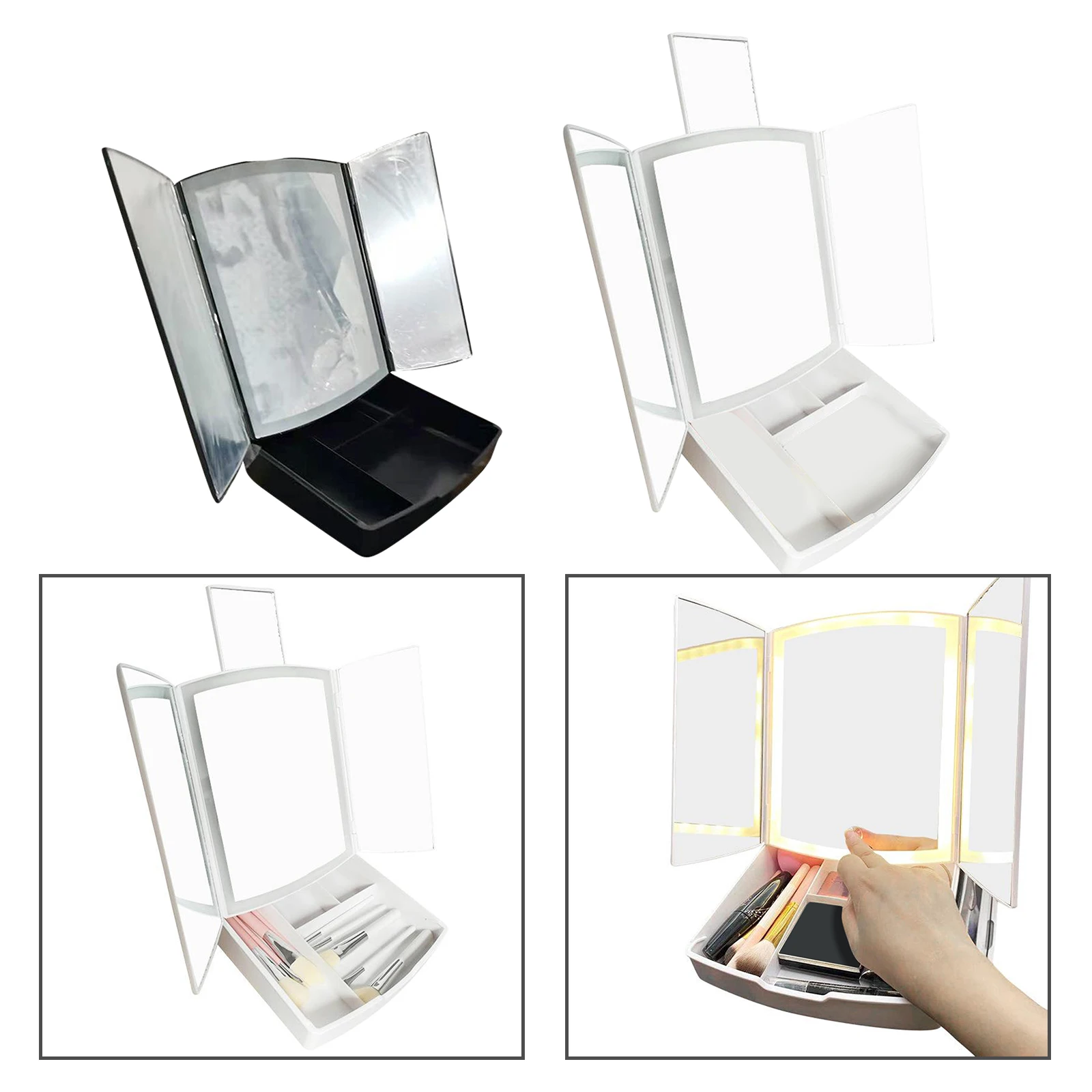 

LED Cosmetic Mirror with Lights Tri-Fold Vanity Mirror + Makeup Tray Desktop