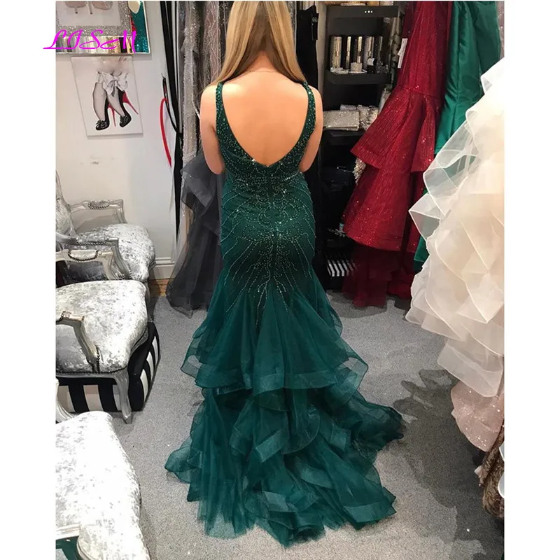 

Stunning Mermaid Fitted Prom Dresses Sexy V-Neck Crystals Beaded Evening Dress Backless Tulle Long Formal Party Gowns