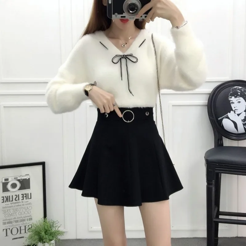 

Bowknot Long Sleeve Pullover Women Top Sashes Elastic A-Line Mini Skirt Female Two Piece Set Office Ladies Matching Sets Outfit