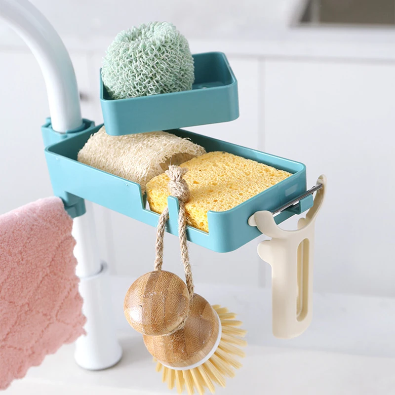 

Double Layer Faucet Rack Multifunctional Sink Sponge Holder Faucet Rack Hollow Storage Shelf for Kitchen WWO66