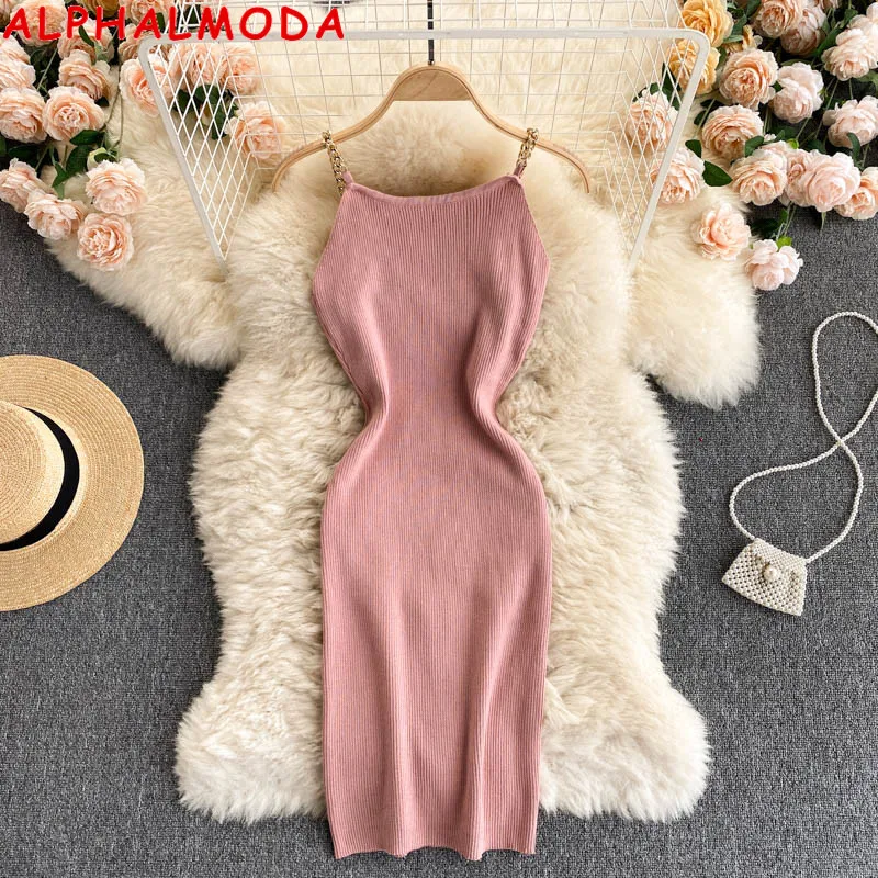 

Женское трикотажное платье ALPHALMODA, однотонное облегающее мини-платье на бретелях с цепочкой, на лето 2021