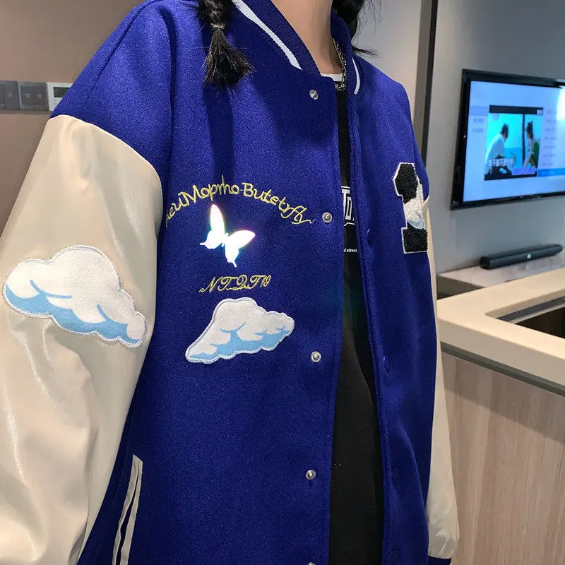 

Куртка Женская бейсбольная из ПУ кожи, с вышивкой в виде облака