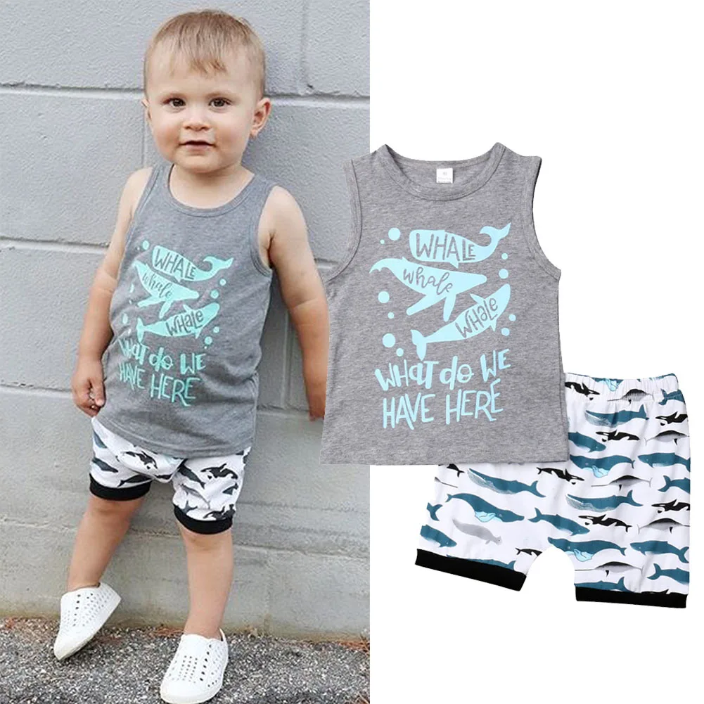 Toddler Kids Baby Boy Clothes Set Casual Summer Sleeveless Letter Gray Tops Tee T-shirts Shark Shorts 2Pcs Outfit Clothing | Детская