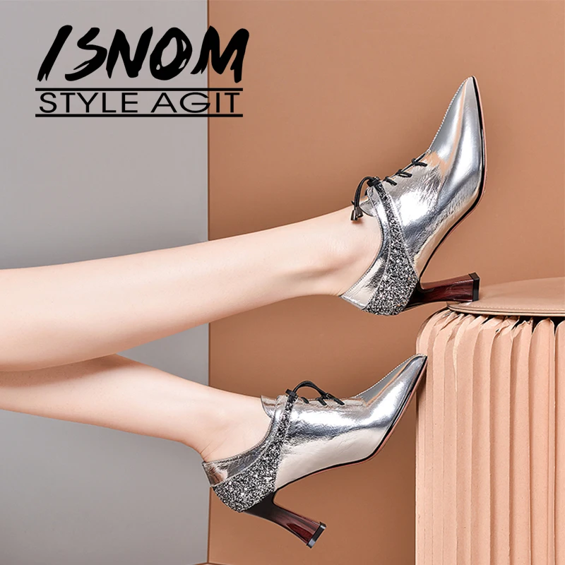 ISNOM/Серебристые туфли лодочки блестящие на шнуровке женские Вечерние необычном