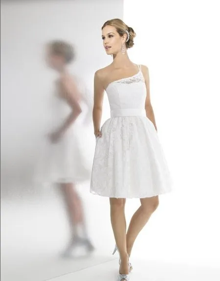 

Lace party prom gown corded ball gown One shoulder open back vestido de noiva Knee length satin sash Bridesmaid Dresses