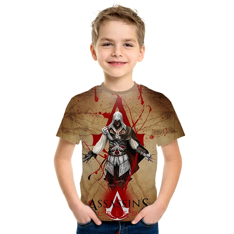 Летние детские футболки топы с 3d принтом assassins creed, повседневные Мальчики Девочки футболки, костюм Харадзюку хип-хоп Уличная одежда, футболки с аниме