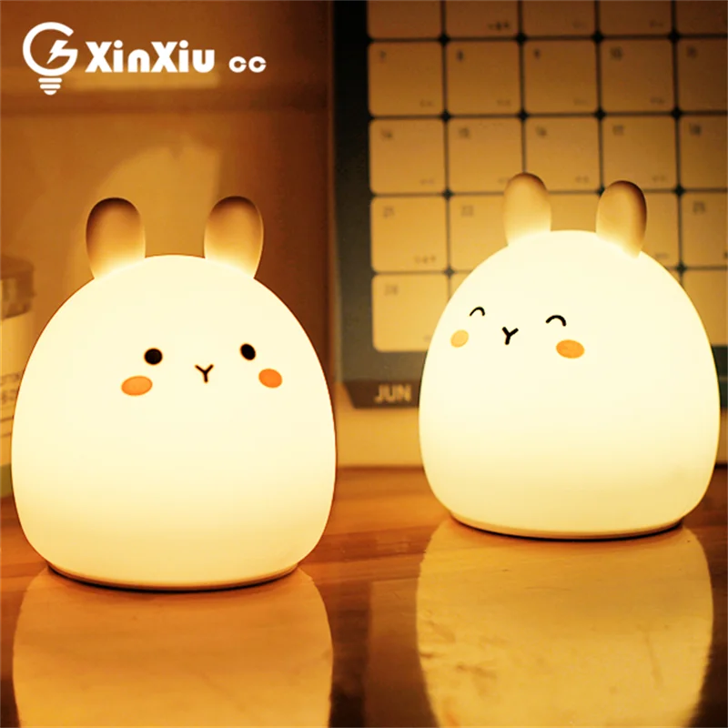 

LED Silicone Cute Fat Rabbit Night Light Touch Remote Dimmable Timer Animal Soft Cartoon Lamps for Children Bedroom Baby Gift