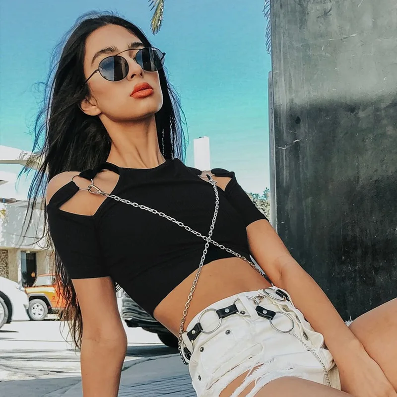 Женская футболка с вырезами летняя женская облегающий кроп-топ | одежда