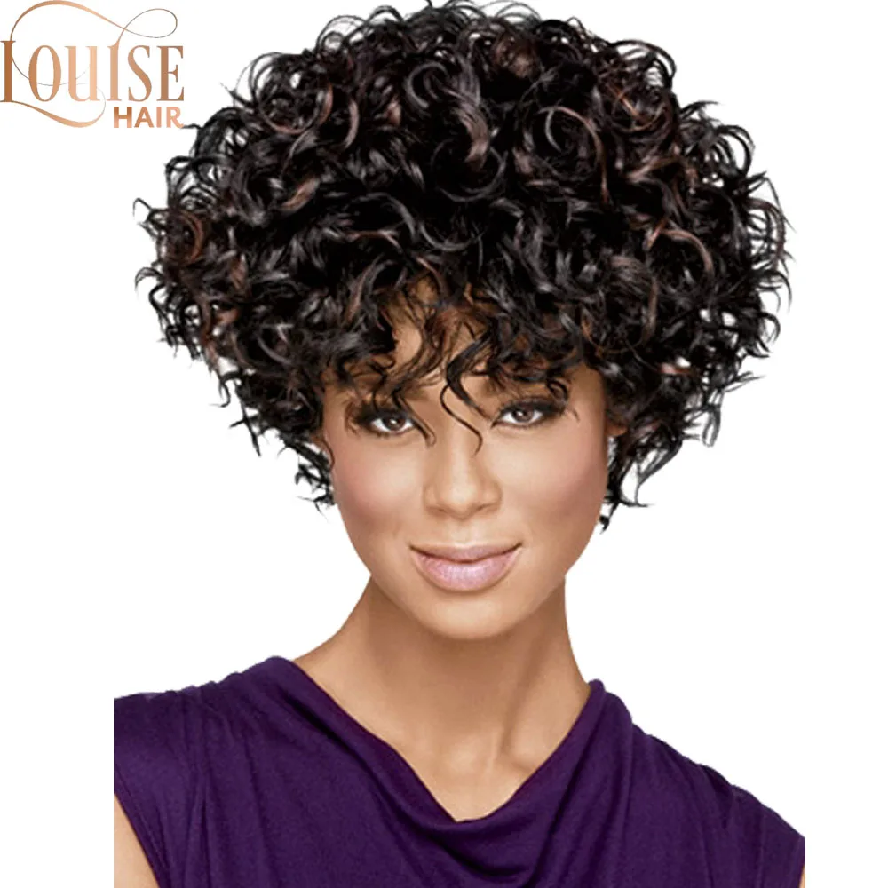 

Louise Hair Short Kinky Curly Afro Wigs African American Hairstyle Mix Black And Brown Synthetic Wig For Black Women 12inch