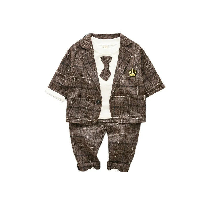 2020 New Spring Baby Boys Clothing Male Children Suits Kid Gentleman Tie Style Coats T Shirt Pants 3PCS/Sets Grid Infant Clothes | Детская