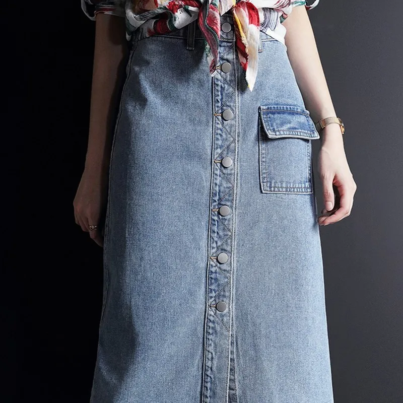 Юбка женская джинсовая с высокой талией однобортная облегающая трапециевидная