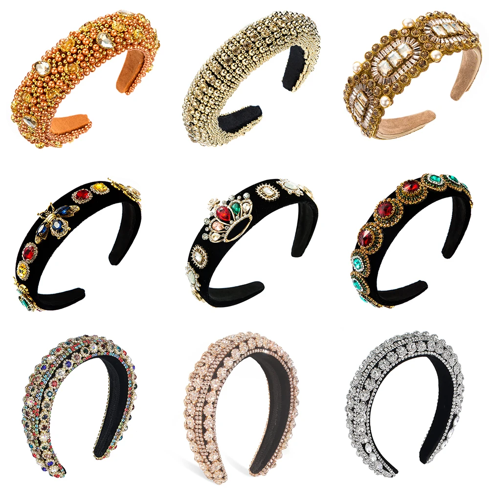 

Luxury Baroque Crystal Rhinestones Hairband for Women Wide Glitter Padded Beads Sponge Headband Hair Hoop Girls Hair Accessories