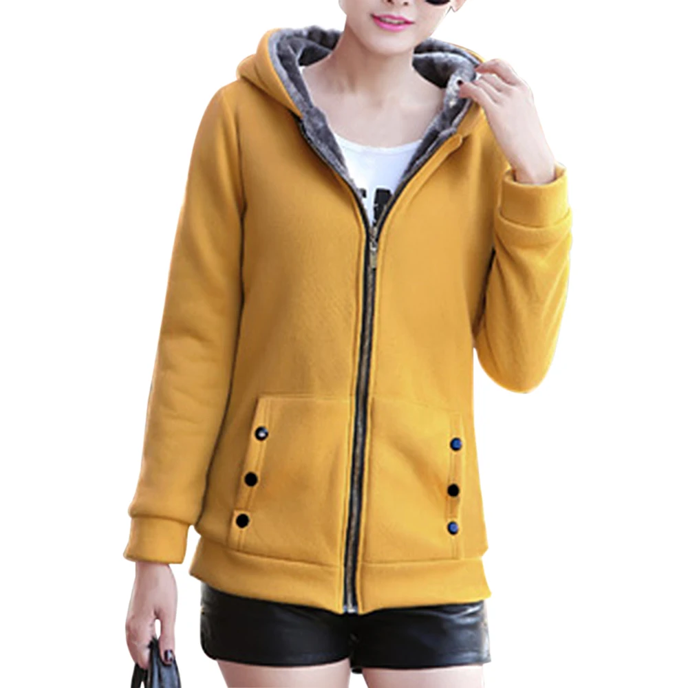yellow vertvie winter jacket women solid hooded thick fleece casual jacket female fashion slim plus size coats streetwear jackets Mujer - Color: yellow