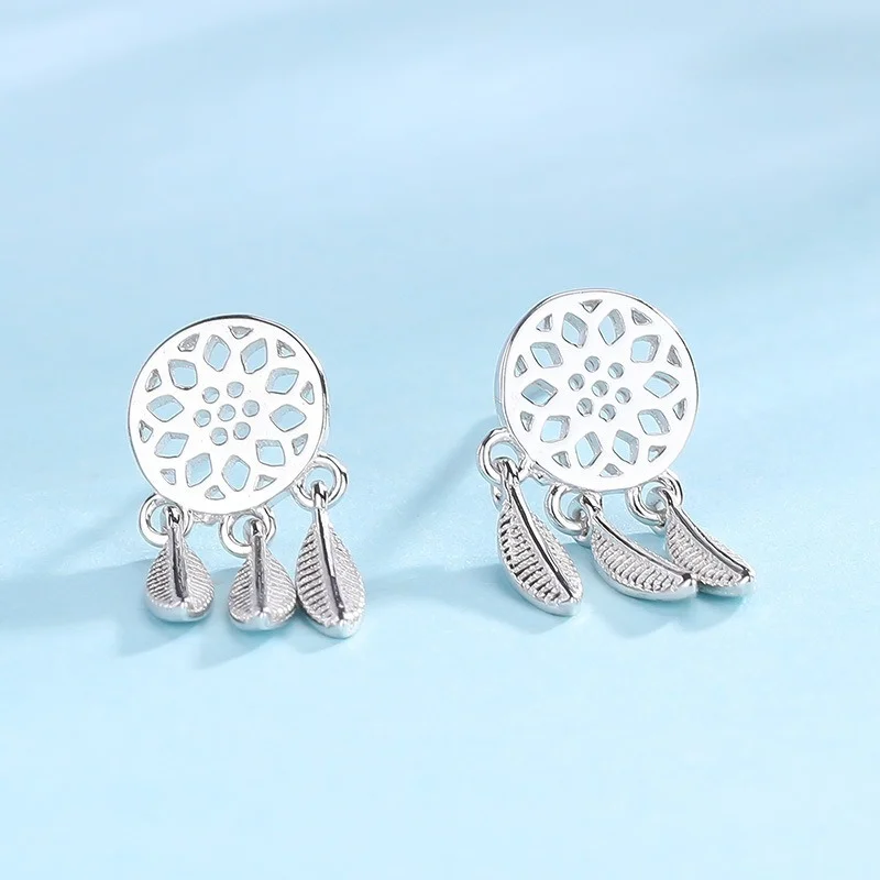 

Real S925 925 Sterling Silver Jewelry Hollow Dream Catcher Net Feathers Earrings Bohemia Nationality Dreamcatcher Stud Earrings