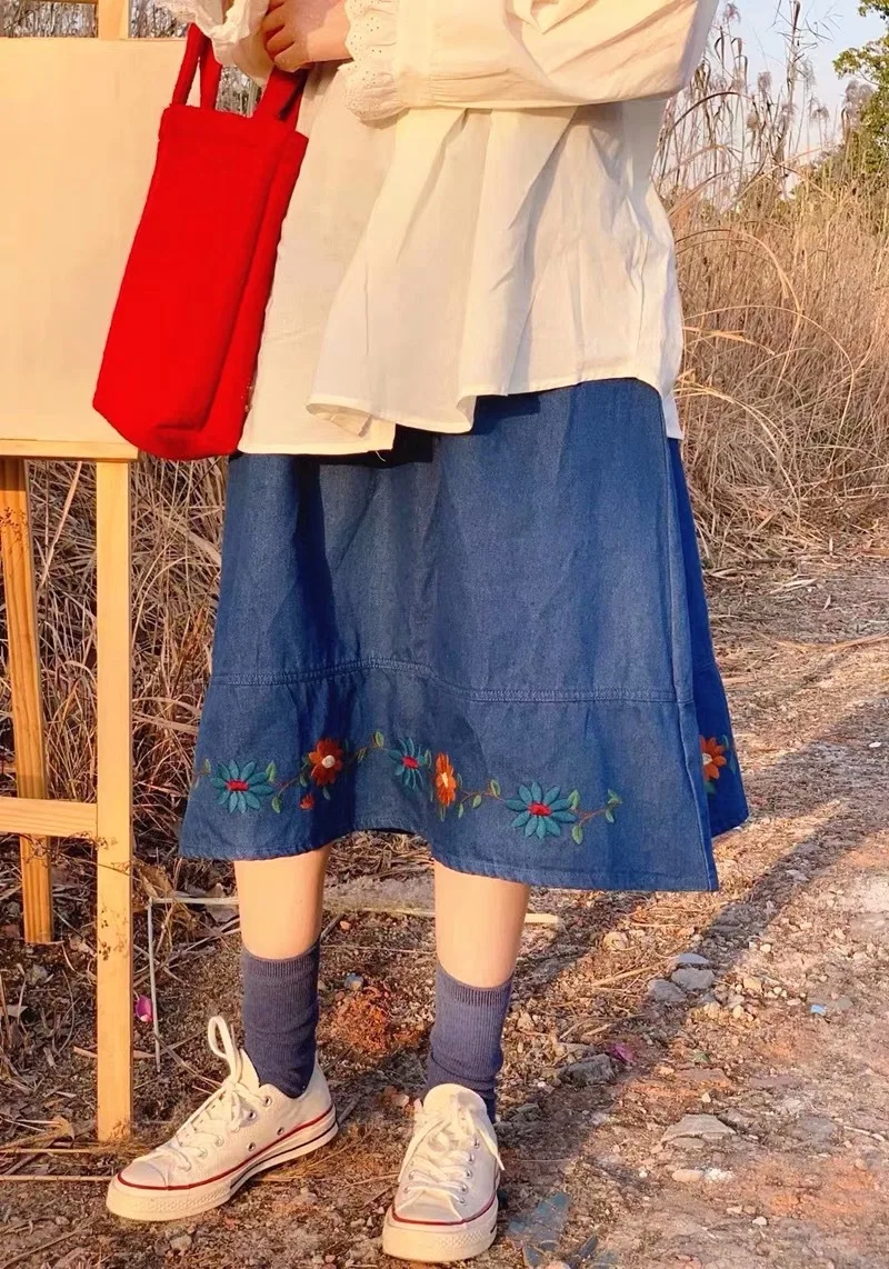 

Japan Style Mori Girl Embroidery Hem Denim Skirt New Summer Solid Color Loose A-line Casual Women Skirts