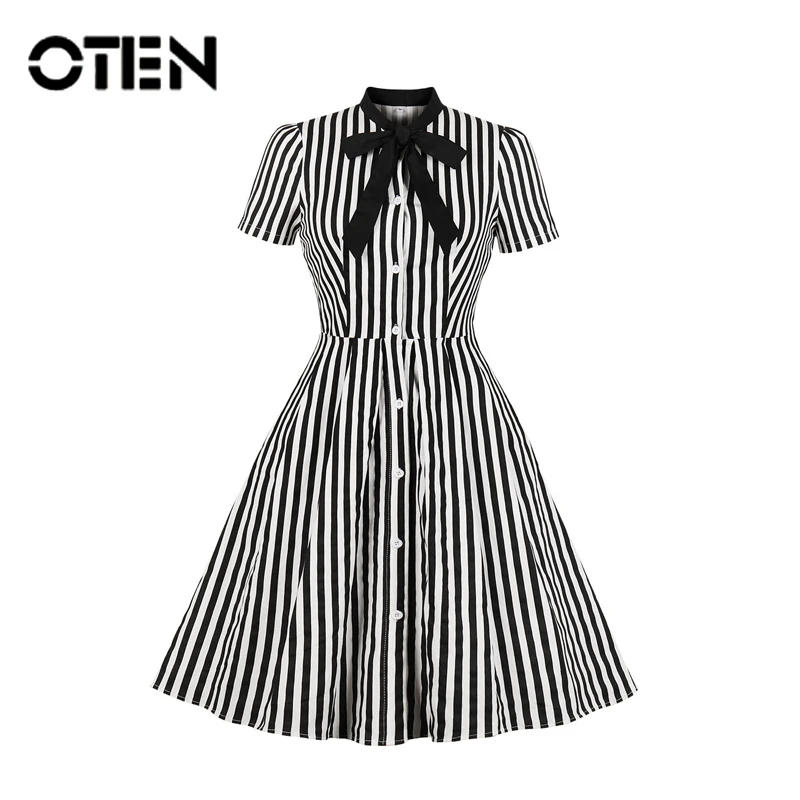 Женское платье в черно-белую полоску OTEN винтажное с коротким рукавом и принтом