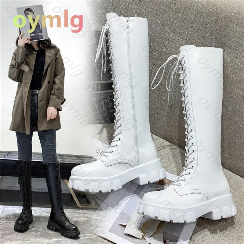 

Fashion Women Cross Strap PU Leather Boots Autumn Winter Knee High Boots Ladies Thick Sole Platform Botas Mujer Mid-calf White