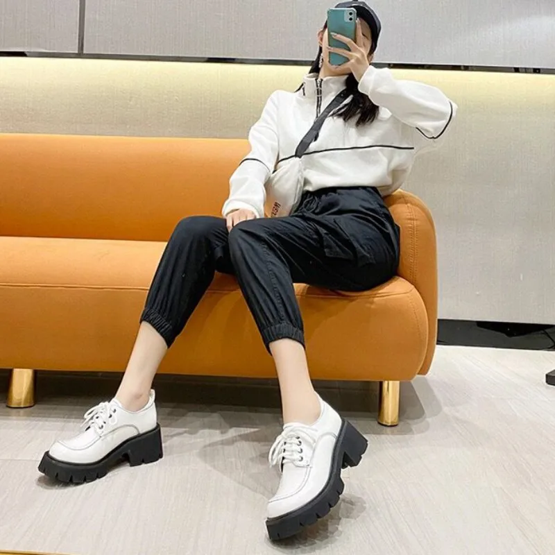 

Spring Women Round Toe Lace Up Height Increasing Casual Shoes Vintage Thick Platform Block Heels Pumps Ladies Preppy Style Shoes