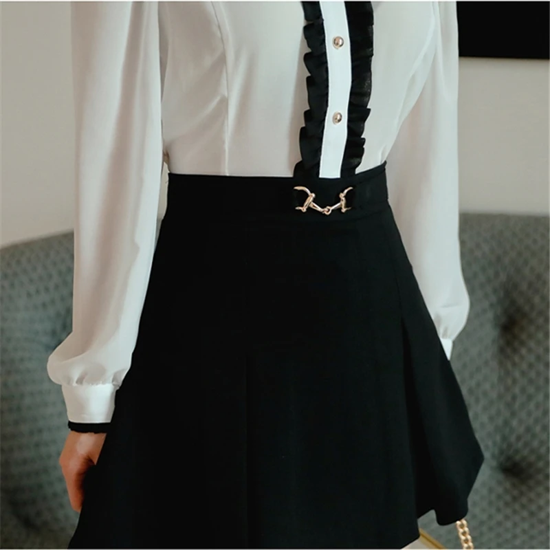 

2020 Bow Lace Up Chiffon Tops New Turn-down Collar Long Sleeve Shirts + High Waist Slim A-Line Skirts Autumn Women 2 Piece Set