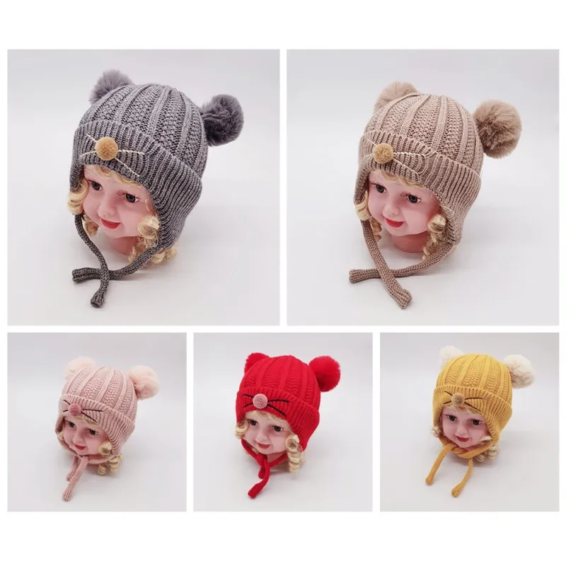 

Winter Cap 1-3T Cute Warm Kids Girls Boys Baby Plush Ball Design Hats Knitted Wool Hemming Caps