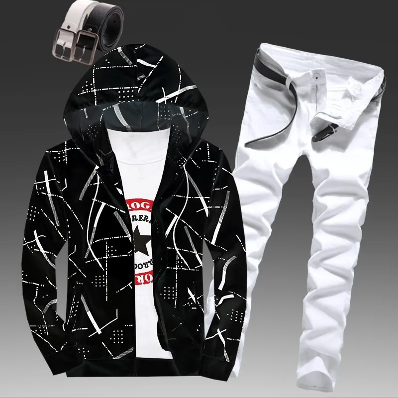 

Mens Spring Hooded Sweatshirt Two Piece Set Striped Printed Jeans Causal Tracksuit Slim Fit Jogging Homme Suit Survetement Sets