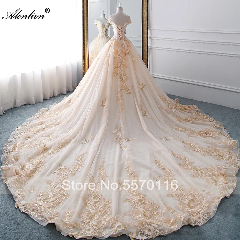 Alonlivn Lustrous Bling Appliques Beading Crystals Ball Gown Wedding Dress Chapel Train Scalloped Neck Bridal Gowns