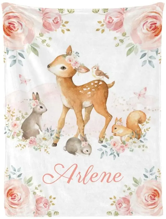 

Deer Bunny Floral Pink Woodland Personalized Receiving Baby Blankets for Girls Boys with Name,Customized Swaddle Blankets Gift