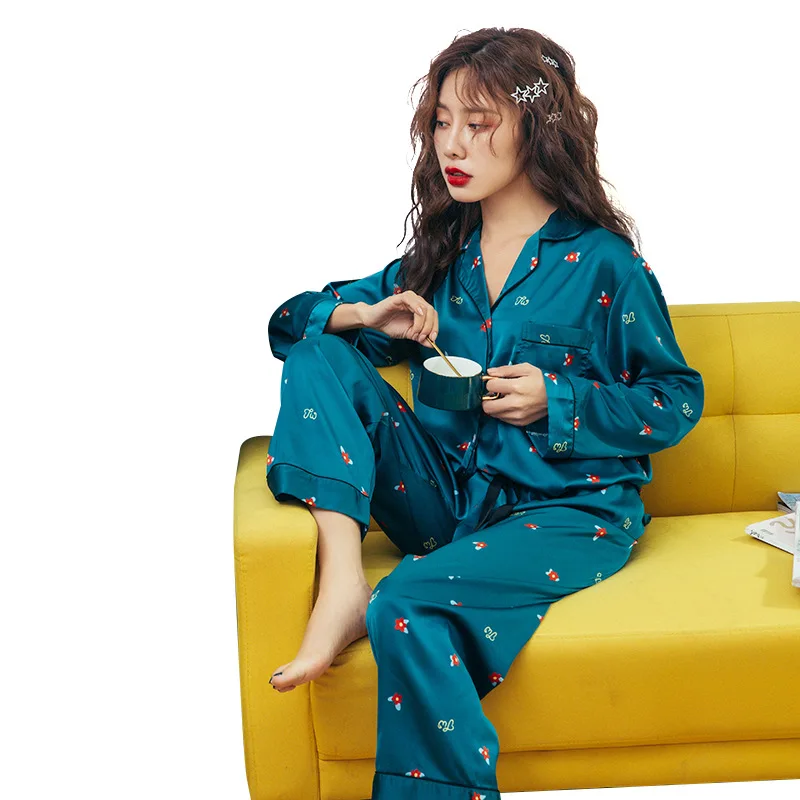 2019 Осенняя женская пижама из искусственного шелка атласная цветочный костюм с