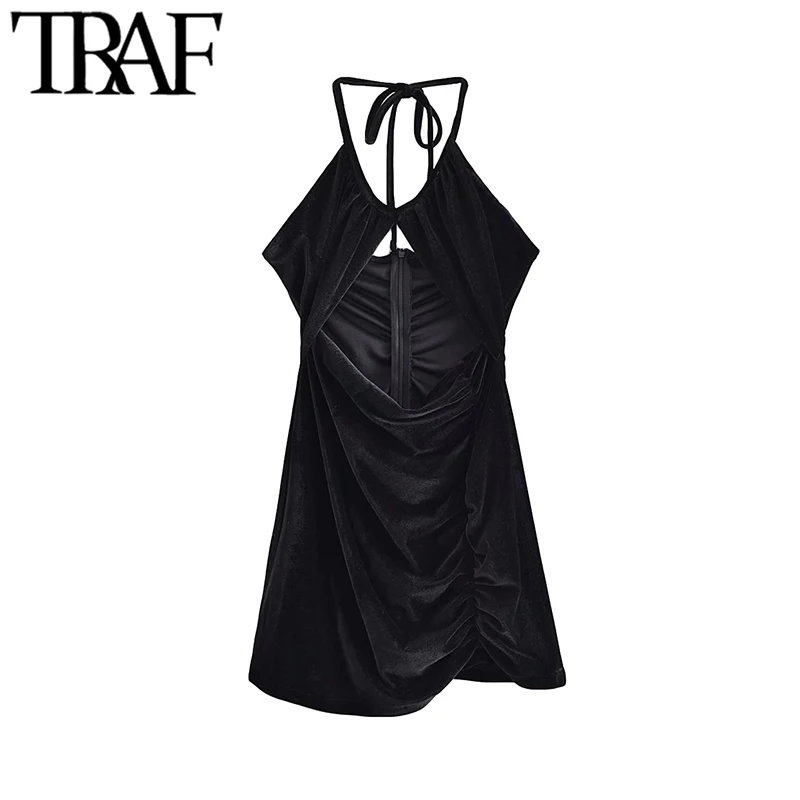 

TRAF Women Sexy Fashion Hollow Out Velvet Mini Dress Vintage Backless Zipper Tied Thin Straps Female Dresses Vestidos Mujer
