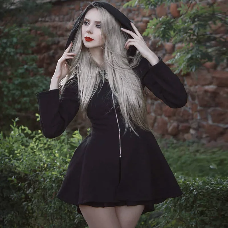 Осенне зимнее женское готическое Черное мини платье Ruibbit на молнии с капюшоном в