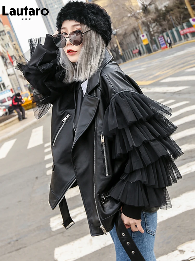 Lautaro Autumn Short Black Oversized Lace Patchwork Leather Biker Jacket Long Sleeve Loose Womans Clothing Fashionable Outerwear | Женская