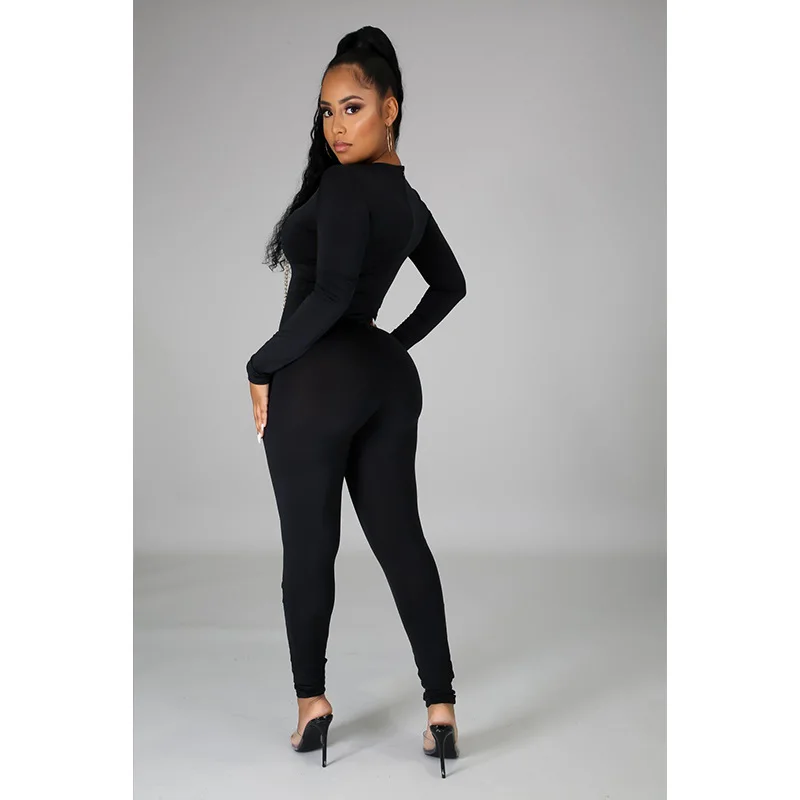 

Casual Tight-fitting Sexy Chain V-neck Solid Color Long-sleeved Black Long Jumpsuit